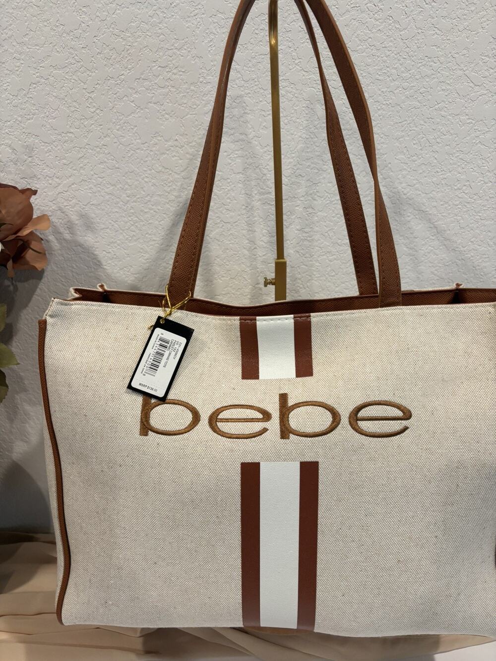 Bebe Paisley Canvas Tote Bag Caramel Stripe Large Shoulder Tote NWT MSRP $139
